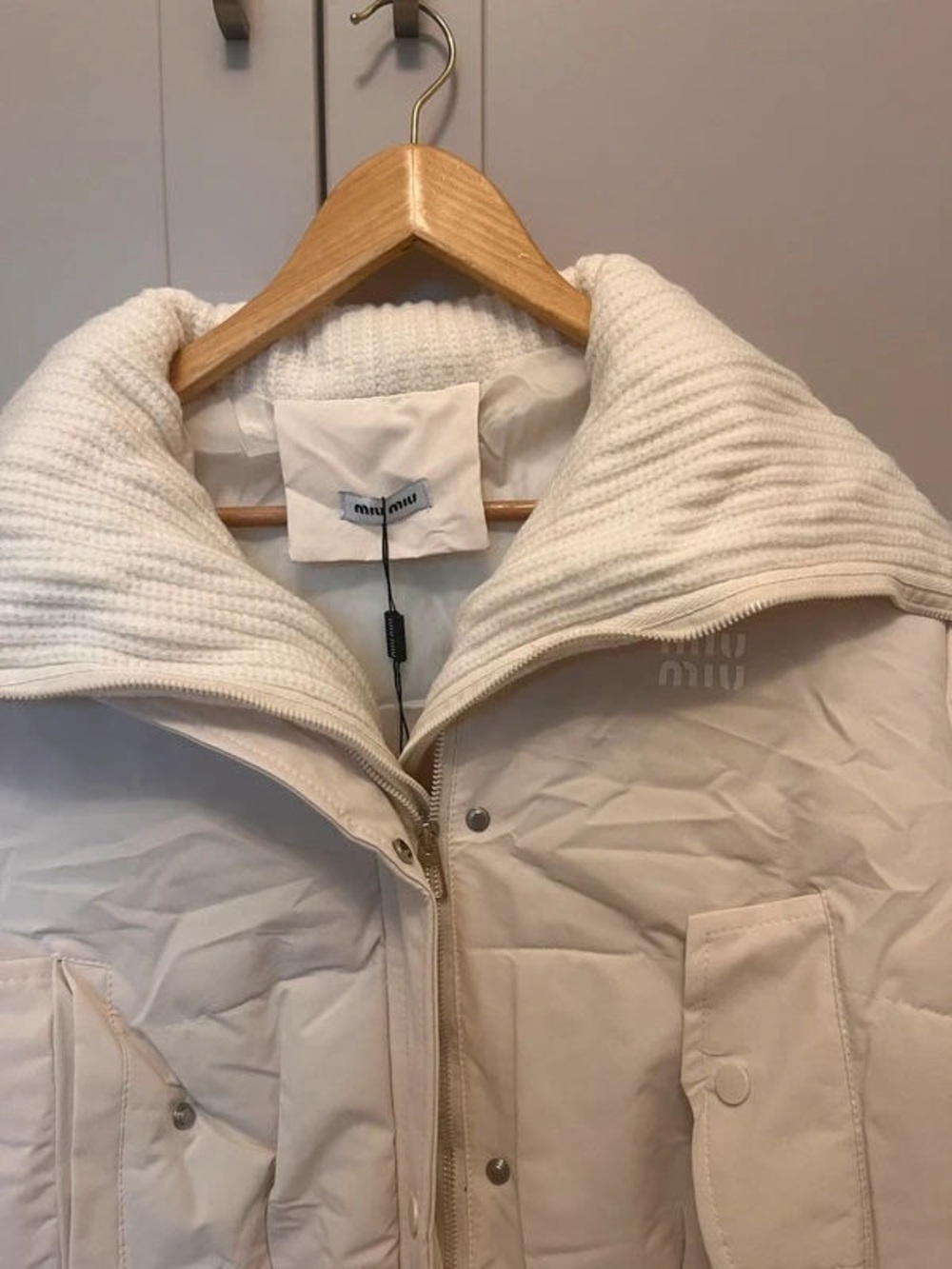 Miu Miu Cream Cropped Puffer with Ribbed Shawl Collar - Picture 3 of 6